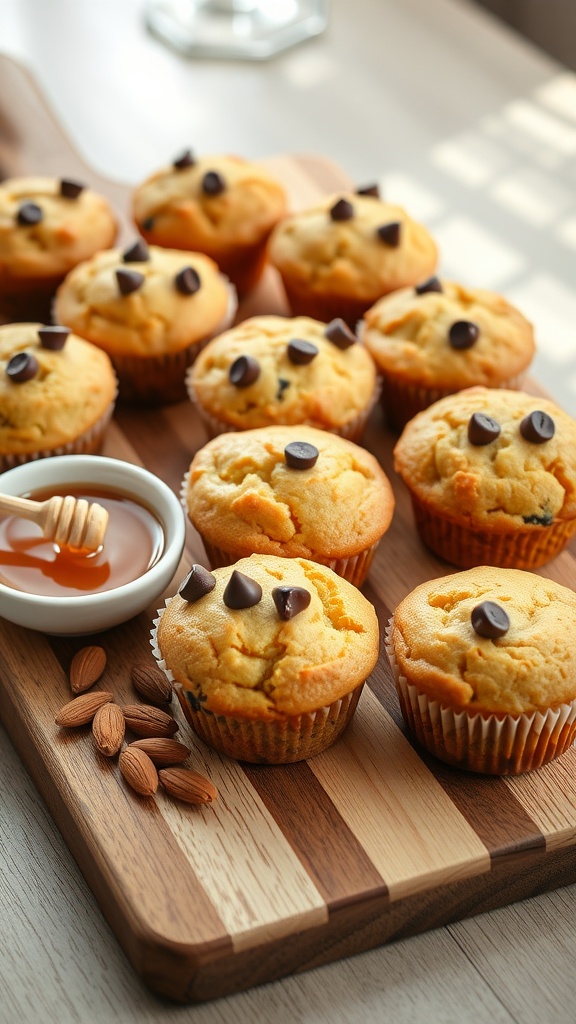 Healthy Almond Flour Protein Muffins Golden brown almond flour protein muffins with chocolate chips on a cutting board, surrounded by almonds and honey.